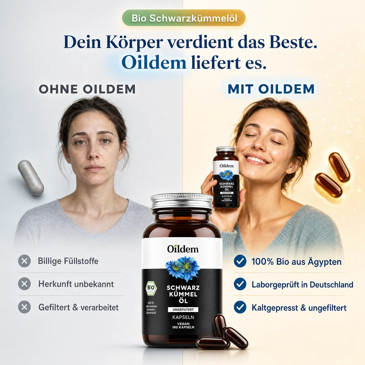 Oildem Bio Schwarzkümmelöl Kapseln vegan (ungefiltert)